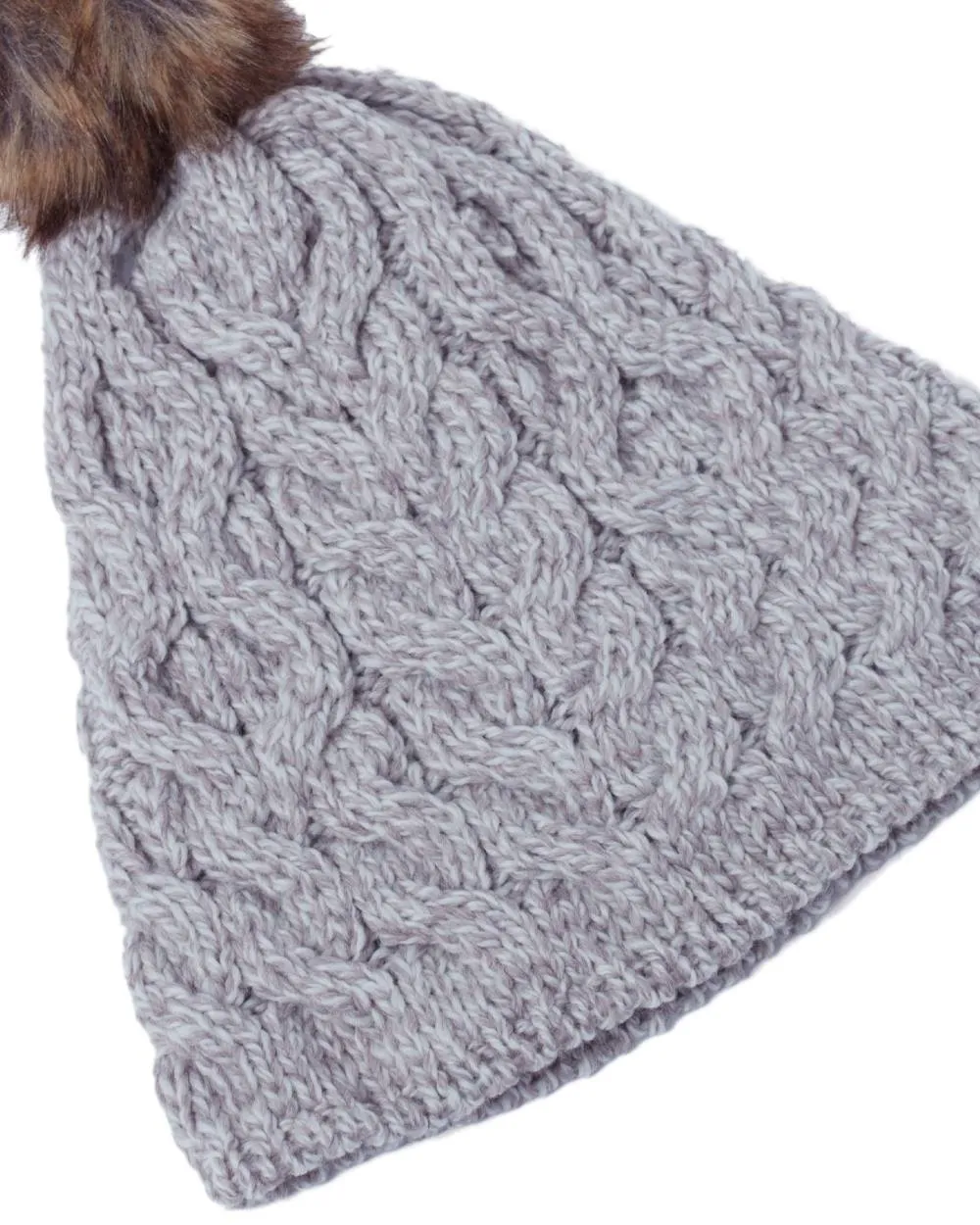 Aran Knitted Faux Fur Bobble Hat