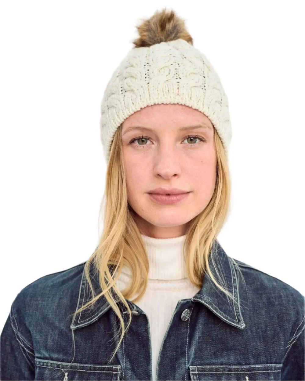 Aran Knitted Faux Fur Bobble Hat