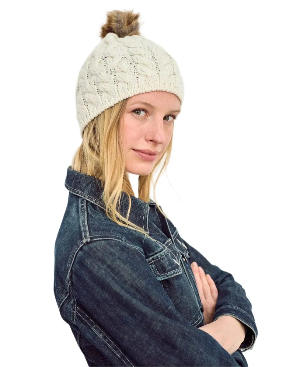Aran Knitted Faux Fur Bobble Hat