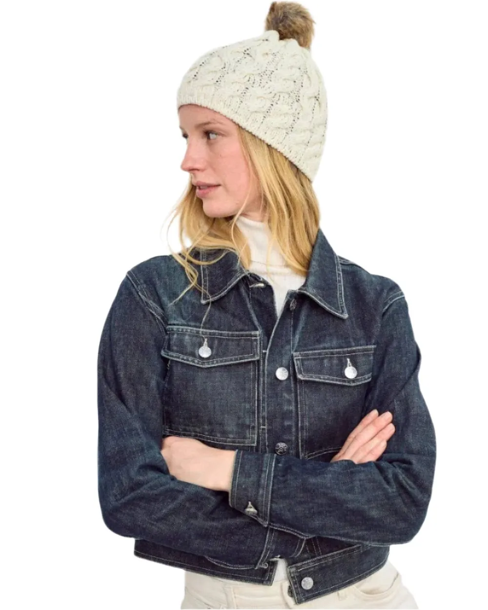 Aran Knitted Faux Fur Bobble Hat
